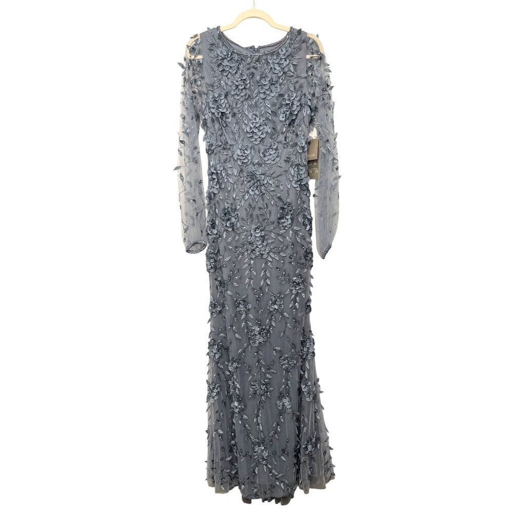 Theia $1295 Floral Mesh Long-Sleeve Gown Blue Formal Evening Dress Size 4 NWT - Picture 6 of 10